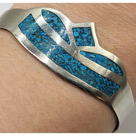 Alpaca Sterling Silver Turquoise Inlay Bangle Bracelet 7in - Picture 1 of 5